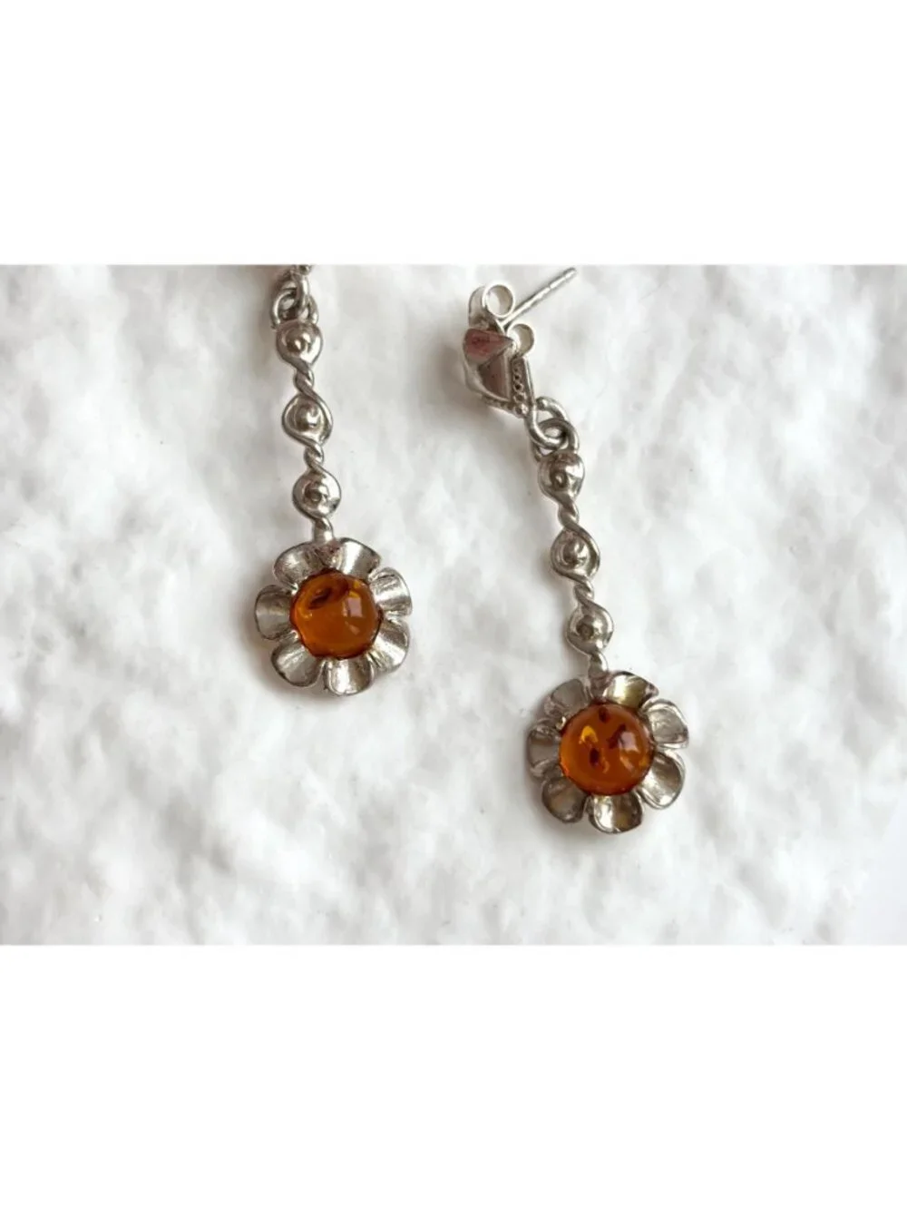 Baltic Amber Sunflower Shaped Spiral Vintage Sterling Silver 925 Dangle Earrings